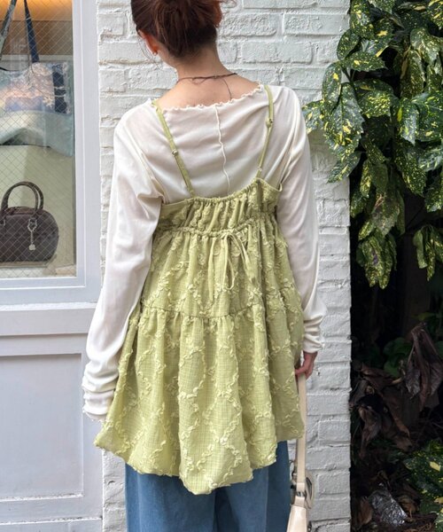 w closet（ダブルクローゼット）の「【体型カバー/着回し◎】フリルレースミニキャミOP（ワンピース・レディース・ブルー/グリーン/アイボリー/ブラック・FREE）」の7枚目の写真