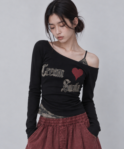 CREAM SODA LAB(クリームソーダラボ)の「ピグメント スリムリブ オフショルダー ロングスリーブ チャコール(Tシャツ/カットソー・レディース・その他・FREE)」の1枚目の写真