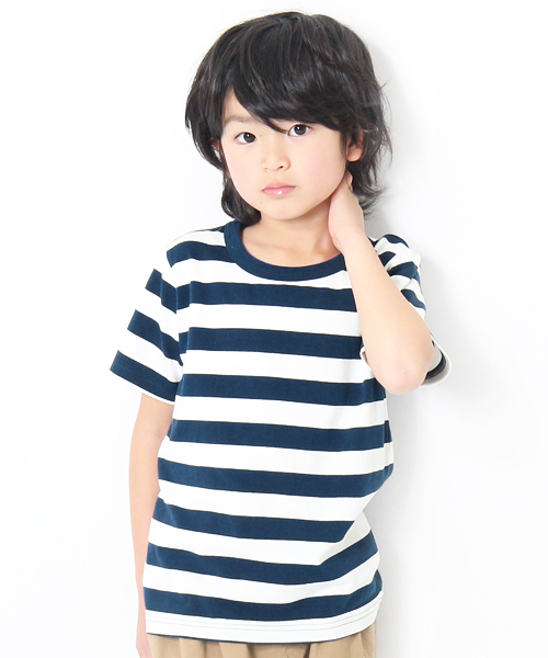 devirock(デビロック)の「先染めボーダークルーネック半袖Tシャツ カットソー(Tシャツ/カットソー・キッズ・チャコール/トリコロール/ブラック/レッド/ネイビー/レッド系その他・100cm/150cm/130cm/120cm/160cm/110cm/140cm)」の4枚目の写真