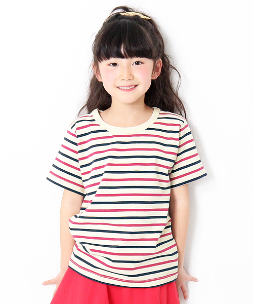 devirock(デビロック)の「先染めボーダークルーネック半袖Tシャツ カットソー(Tシャツ/カットソー・キッズ・チャコール/トリコロール/ブラック/レッド/ネイビー/レッド系その他・100cm/150cm/130cm/120cm/160cm/110cm/140cm)」の1枚目の写真