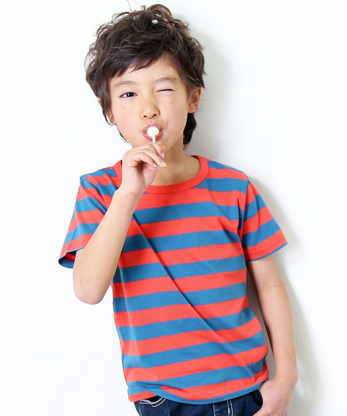 devirock(デビロック)の「先染めボーダークルーネック半袖Tシャツ カットソー(Tシャツ/カットソー・キッズ・チャコール/トリコロール/ブラック/レッド/ネイビー/レッド系その他・100cm/150cm/130cm/120cm/160cm/110cm/140cm)」の5枚目の写真