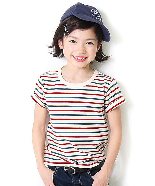 devirock(デビロック)の「先染めボーダークルーネック半袖Tシャツ カットソー(Tシャツ/カットソー・キッズ・チャコール/トリコロール/ブラック/レッド/ネイビー/レッド系その他・100cm/150cm/130cm/120cm/160cm/110cm/140cm)」の6枚目の写真