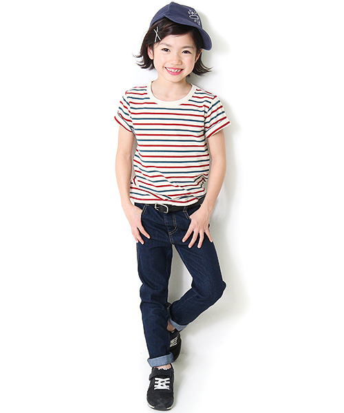 devirock(デビロック)の「先染めボーダークルーネック半袖Tシャツ カットソー(Tシャツ/カットソー・キッズ・チャコール/トリコロール/ブラック/レッド/ネイビー/レッド系その他・100cm/150cm/130cm/120cm/160cm/110cm/140cm)」の22枚目の写真