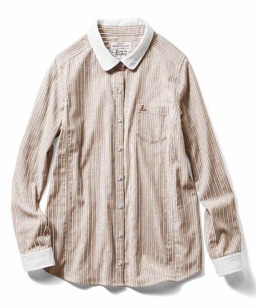 Live in comfort（リブインコンフォート）の「リブ　イン　コンフォート　重ね着してももたつかない！ストレッチガーゼ×カットソーの伸びシャツ（シャツ/ブラウス・レディース・グリーン系その他/ストライプ/チェック/スモークピンク/ネイビー/ライトブルー/ホワイト/サックスブルー/ブラウン/ホワイト系その他/ブラック×ホワイト/ベージュ/グリーン・SMALL/MEDIUM/LARGE/X-LARGE/XX-LARGE/2T/NM/XXX-LARGE）」の6枚目の写真