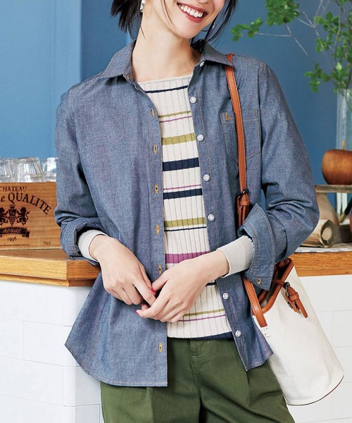 Live in comfort（リブインコンフォート）の「リブ　イン　コンフォート　重ね着してももたつかない！ストレッチガーゼ×カットソーの伸びシャツ（シャツ/ブラウス・レディース・グリーン系その他/ストライプ/チェック/スモークピンク/ネイビー/ライトブルー/ホワイト/サックスブルー/ブラウン/ホワイト系その他/ブラック×ホワイト/ベージュ/グリーン・SMALL/MEDIUM/LARGE/X-LARGE/XX-LARGE/2T/NM/XXX-LARGE）」の10枚目の写真