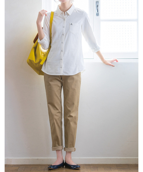 Live in comfort（リブインコンフォート）の「リブ　イン　コンフォート　重ね着してももたつかない！ストレッチガーゼ×カットソーの伸びシャツ（シャツ/ブラウス・レディース・グリーン系その他/ストライプ/チェック/スモークピンク/ネイビー/ライトブルー/ホワイト/サックスブルー/ブラウン/ホワイト系その他/ブラック×ホワイト/ベージュ/グリーン・SMALL/MEDIUM/LARGE/X-LARGE/XX-LARGE/2T/NM/XXX-LARGE）」の16枚目の写真