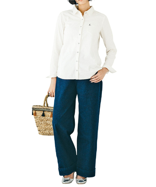 Live in comfort（リブインコンフォート）の「リブ　イン　コンフォート　重ね着してももたつかない！ストレッチガーゼ×カットソーの伸びシャツ（シャツ/ブラウス・レディース・グリーン系その他/ストライプ/チェック/スモークピンク/ネイビー/ライトブルー/ホワイト/サックスブルー/ブラウン/ホワイト系その他/ブラック×ホワイト/ベージュ/グリーン・SMALL/MEDIUM/LARGE/X-LARGE/XX-LARGE/2T/NM/XXX-LARGE）」の19枚目の写真