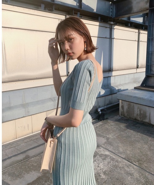 rienda（リエンダ）の「ストライプクロシェニットワンピース