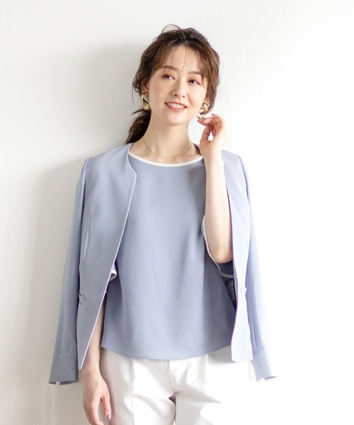 WHITE JOOLA（ホワイトジョーラ）の「【手洗いできる】強撚ポリストレッチ・カラーレスジャケット（ノーカラージャケット・レディース・オフホワイト/モカ/ネイビー/サックスブルー・7号/9号/11号/13号）」の4枚目の写真