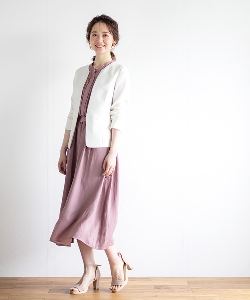 WHITE JOOLA（ホワイトジョーラ）の「【手洗いできる】強撚ポリストレッチ・カラーレスジャケット（ノーカラージャケット・レディース・オフホワイト/モカ/ネイビー/サックスブルー・7号/9号/11号/13号）」の15枚目の写真