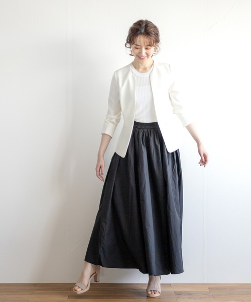 WHITE JOOLA（ホワイトジョーラ）の「【手洗いできる】強撚ポリストレッチ・カラーレスジャケット（ノーカラージャケット・レディース・オフホワイト/モカ/ネイビー/サックスブルー・7号/9号/11号/13号）」の12枚目の写真