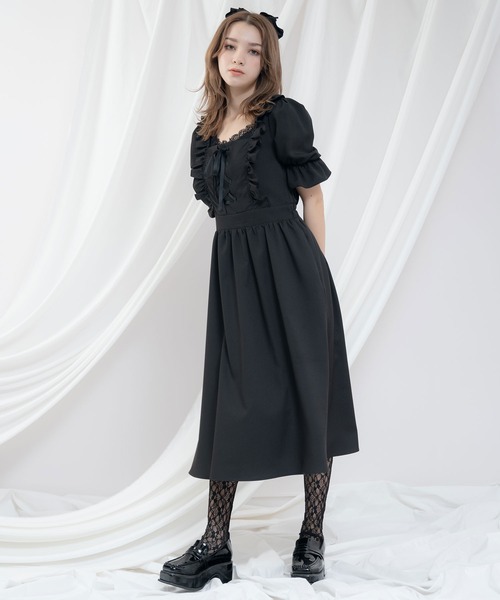 新品 DearMyLoveWhip 上品胸開きフリルワンピース 4Lサイズ 黒 STEPUP対象】【送料無料】上品胸開きフリルワンピース