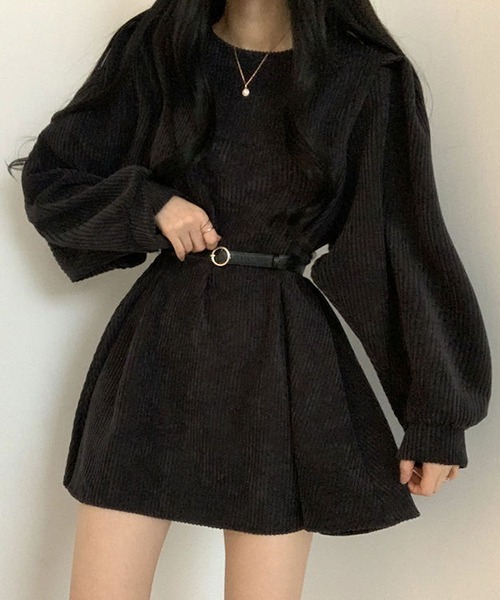 a lot of love(ア ロット オブ ラブ)の「ボリュームパフスリーブ コーデュロイワンピース(ワンピース・レディース・ブラック/モカ/グレー・FREE)」の19枚目の写真
