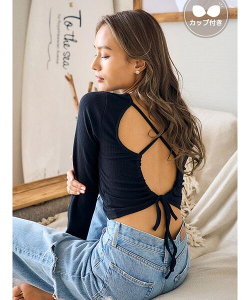 To the sea(トゥーザシー)の「バッククロスリボンロングTシャツ(Tシャツ/カットソー・レディース・ホワイト/ブラック/パープル・FREE)」の3枚目の写真