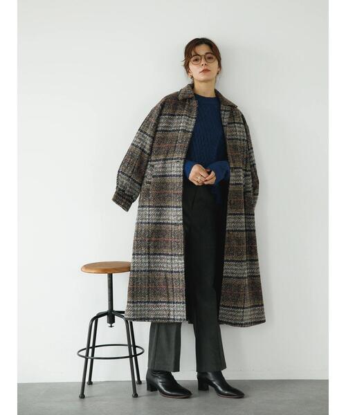 koe（コエ）の「ロング丈チェック柄後ろタックコート（チェスターコート・レディース・ブラウン/サックスブルー・M）」の11枚目の写真