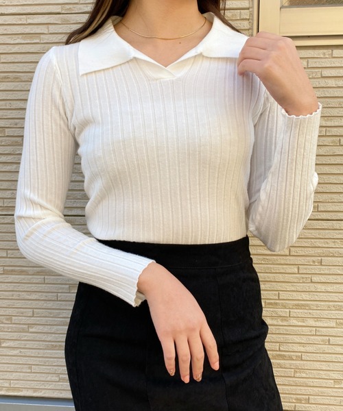 CLEA(クレア)の「スキッパーセミワイドリブニット(ニット/セーター・レディース・ホワイト/ブラック/グリーン/アイボリー・FREE)」の5枚目の写真