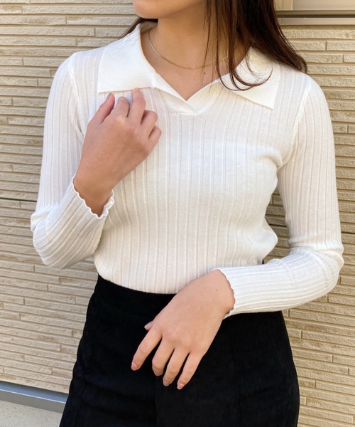 CLEA(クレア)の「スキッパーセミワイドリブニット(ニット/セーター・レディース・ホワイト/ブラック/グリーン/アイボリー・FREE)」の6枚目の写真