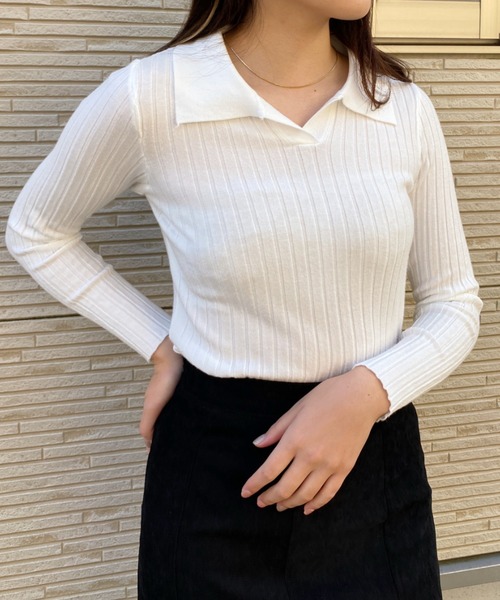 CLEA(クレア)の「スキッパーセミワイドリブニット(ニット/セーター・レディース・ホワイト/ブラック/グリーン/アイボリー・FREE)」の7枚目の写真