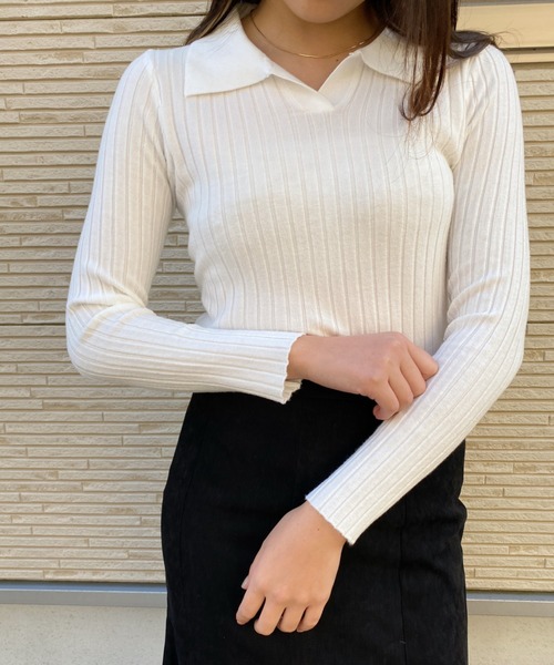CLEA(クレア)の「スキッパーセミワイドリブニット(ニット/セーター・レディース・ホワイト/ブラック/グリーン/アイボリー・FREE)」の11枚目の写真
