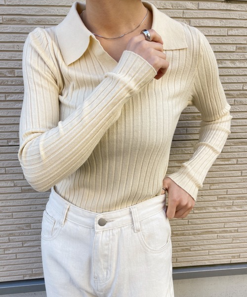 CLEA(クレア)の「スキッパーセミワイドリブニット(ニット/セーター・レディース・ホワイト/ブラック/グリーン/アイボリー・FREE)」の17枚目の写真