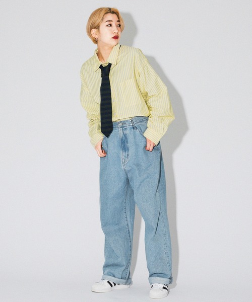 kutir(クティール)の「春カラーストライプビッグシャツ(シャツ/ブラウス・レディース・サックスブルー/グリーン/ピンク/イエロー・FREE)」の1枚目の写真