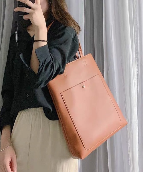 shopnikoniko（ショップニコニコ）の「縦型 トートバッグ 前ポケット（トートバッグ・レディース・ブラック/アイボリー/グレー/ブラウン/グリーン・フリー）」の5枚目の写真