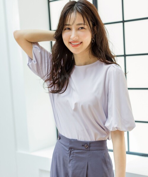 ANY SIS(エニィスィス)の「【UVケア】ハイゲージストライプ バルーンスリーブ カットソー(Tシャツ/カットソー・レディース・ダルブルー系1/ベージュ系1/ネイビー系1・2)」の2枚目の写真
