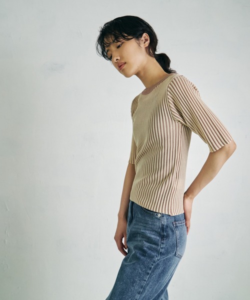 4youstory(フォーユーストーリー)の「【4youstory】5分袖リブニットトップス(Tシャツ/カットソー・レディース・ブラック/ベージュ/ブラウン/グリーン・FREE)」の1枚目の写真
