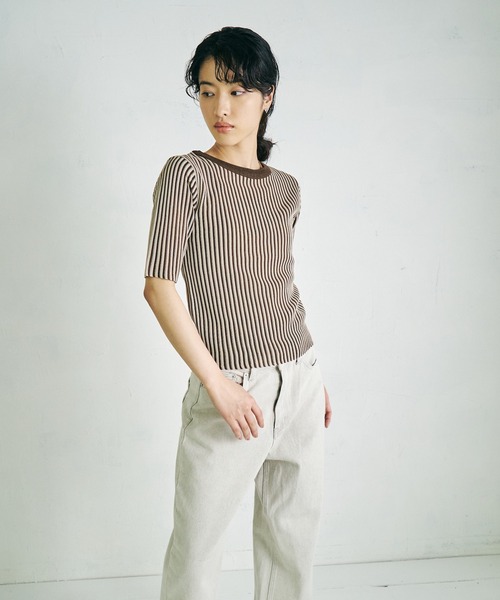 4youstory(フォーユーストーリー)の「【4youstory】5分袖リブニットトップス(Tシャツ/カットソー・レディース・ブラック/ベージュ/ブラウン/グリーン・FREE)」の3枚目の写真
