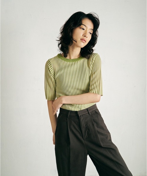 4youstory(フォーユーストーリー)の「【4youstory】5分袖リブニットトップス(Tシャツ/カットソー・レディース・ブラック/ベージュ/ブラウン/グリーン・FREE)」の4枚目の写真