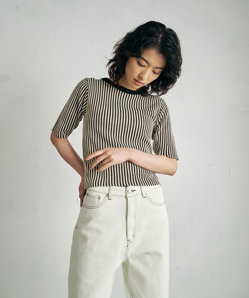 4youstory(フォーユーストーリー)の「【4youstory】5分袖リブニットトップス(Tシャツ/カットソー・レディース・ブラック/ベージュ/ブラウン/グリーン・FREE)」の2枚目の写真