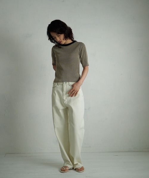 4youstory(フォーユーストーリー)の「【4youstory】5分袖リブニットトップス(Tシャツ/カットソー・レディース・ブラック/ベージュ/ブラウン/グリーン・FREE)」の5枚目の写真