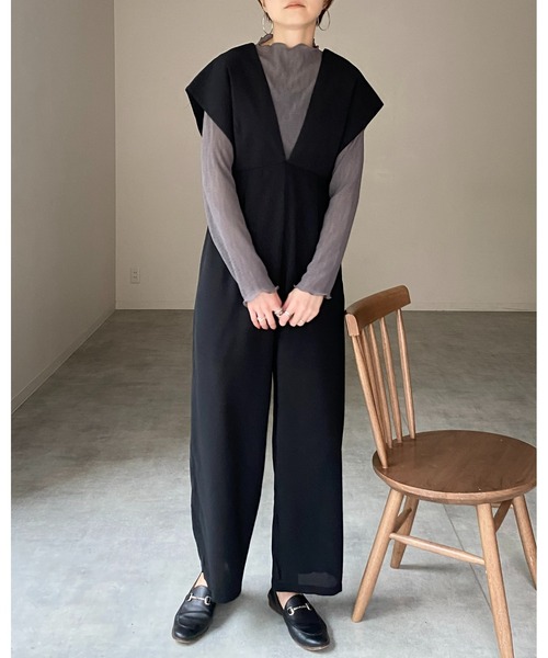 セール】深Vネックハイウエストフレンチスリーブオールインワン