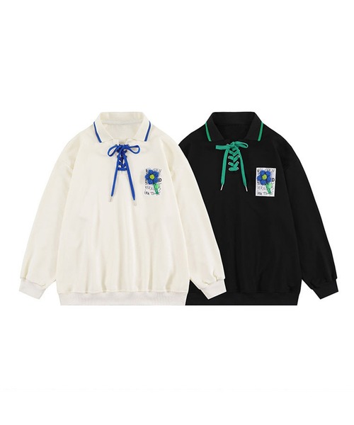 HOOK（フック）の「【HOOK】編み上げ花モチーフ付きポロシャツ風スウェット（スウェット・メンズ・ライトベージュ/ブラック・XL/M/L）」の3枚目の写真