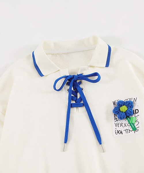 HOOK（フック）の「【HOOK】編み上げ花モチーフ付きポロシャツ風スウェット（スウェット・メンズ・ライトベージュ/ブラック・XL/M/L）」の6枚目の写真