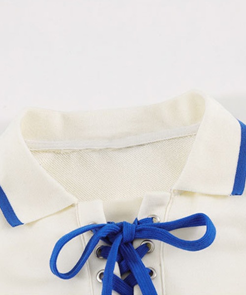 HOOK（フック）の「【HOOK】編み上げ花モチーフ付きポロシャツ風スウェット（スウェット・メンズ・ライトベージュ/ブラック・XL/M/L）」の7枚目の写真