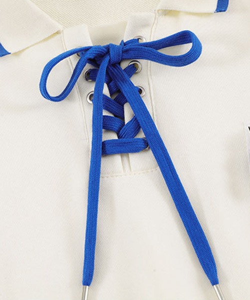 HOOK（フック）の「【HOOK】編み上げ花モチーフ付きポロシャツ風スウェット（スウェット・メンズ・ライトベージュ/ブラック・XL/M/L）」の8枚目の写真