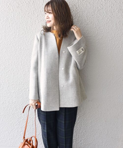 Primary NavyLabel ダブルフェイスノーカラーコート L】ダブルフェイスサテン ノーカラーコート(コート)｜TO BE CHIC