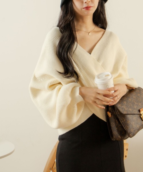 OLUPIC（オルピック）の「OLUPIC/【WEB限定】クロスデザインニットトップス（ニット/セーター・レディース・ダークグレー/アイボリー・FREE）」の6枚目の写真