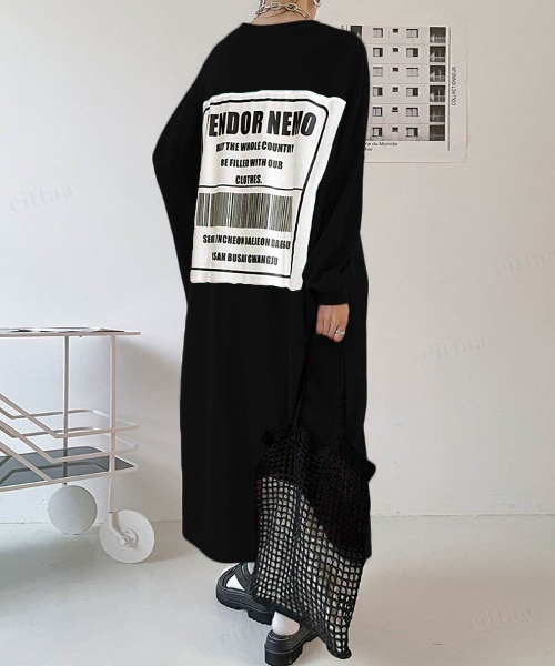 Dalfwin（ダールフィン）の「韓国ファッション バックラベルスウェットロング丈ワンピース（ワンピース・レディース・グレー/グリーン/ピンク/ブラック/ブラック系2/グレー系その他2・FREE）」の3枚目の写真