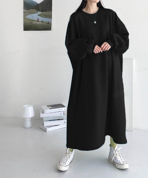 Dalfwin（ダールフィン）の「韓国ファッション バックラベルスウェットロング丈ワンピース（ワンピース・レディース・グレー/グリーン/ピンク/ブラック/ブラック系2/グレー系その他2・FREE）」の8枚目の写真