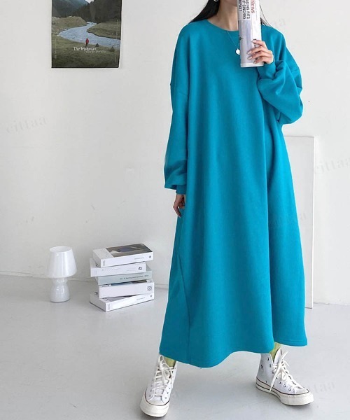 Dalfwin（ダールフィン）の「韓国ファッション バックラベルスウェットロング丈ワンピース（ワンピース・レディース・グレー/グリーン/ピンク/ブラック/ブラック系2/グレー系その他2・FREE）」の19枚目の写真