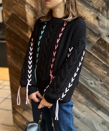 配色レースアップ透かし編みニット