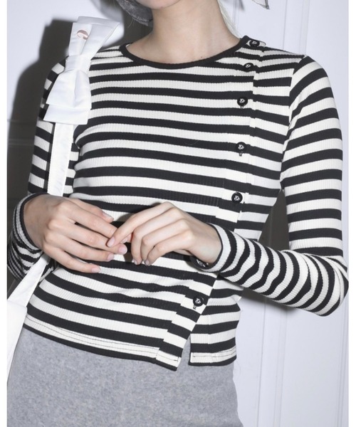 epine（エピヌ）の「Ee button cardigan（カーディガン/ボレロ・レディース・ブラック/ピンク/ストライプ・FREE）」の14枚目の写真