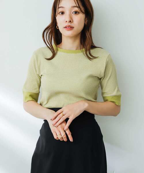 SENSE OF PLACE by URBAN RESEARCH（センスオブプレイスバイアーバンリサーチ）の「クルーネックリンガーボーダーTシャツ(5分袖)（Tシャツ/カットソー・レディース・オレンジ系その他/パープル系その他/ブラック系その他/イエロー系その他/ホワイト系その他/グリーン系その他・ONE）」の6枚目の写真