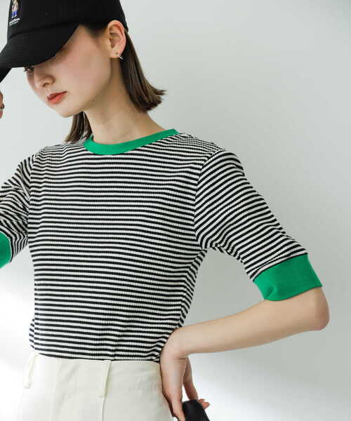 SENSE OF PLACE by URBAN RESEARCH（センスオブプレイスバイアーバンリサーチ）の「クルーネックリンガーボーダーTシャツ(5分袖)（Tシャツ/カットソー・レディース・オレンジ系その他/パープル系その他/ブラック系その他/イエロー系その他/ホワイト系その他/グリーン系その他・ONE）」の7枚目の写真