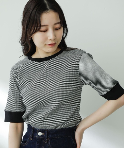 SENSE OF PLACE by URBAN RESEARCH（センスオブプレイスバイアーバンリサーチ）の「クルーネックリンガーボーダーTシャツ(5分袖)（Tシャツ/カットソー・レディース・オレンジ系その他/パープル系その他/ブラック系その他/イエロー系その他/ホワイト系その他/グリーン系その他・ONE）」の18枚目の写真