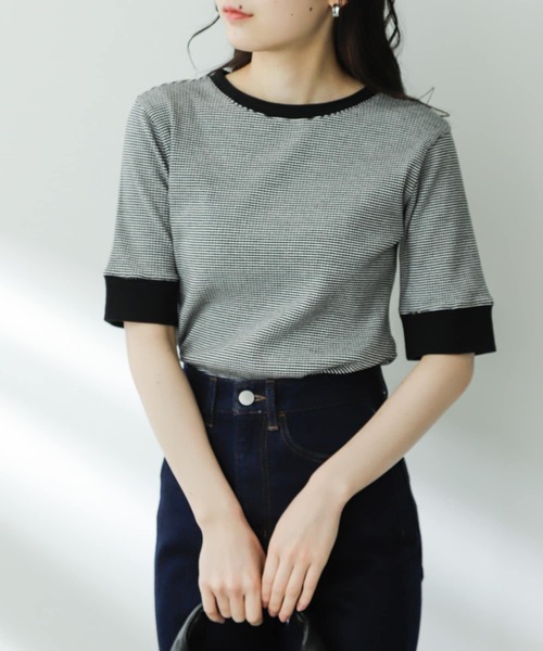 SENSE OF PLACE by URBAN RESEARCH（センスオブプレイスバイアーバンリサーチ）の「クルーネックリンガーボーダーTシャツ(5分袖)（Tシャツ/カットソー・レディース・オレンジ系その他/パープル系その他/ブラック系その他/イエロー系その他/ホワイト系その他/グリーン系その他・ONE）」の20枚目の写真