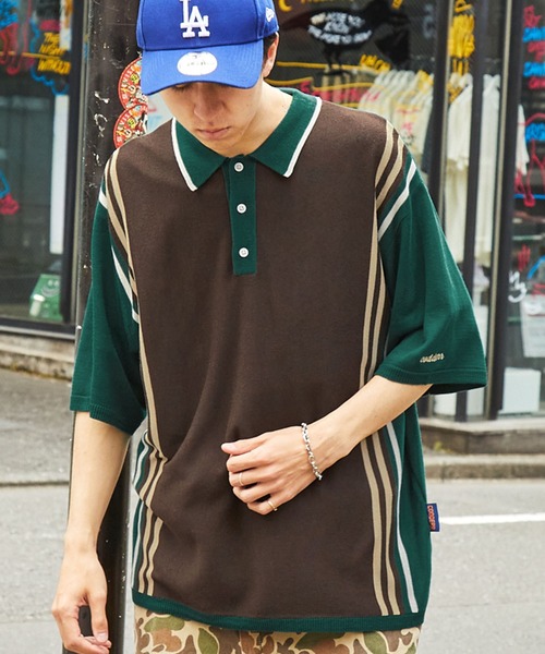 MONO-MART（モノマート）の「【CODDERR】ロゴ刺繍 ストライプ半袖ニットポロシャツ（ポロシャツ・メンズ・グリーン/オレンジ/ライトグレー/ブラック・L/M）」の3枚目の写真