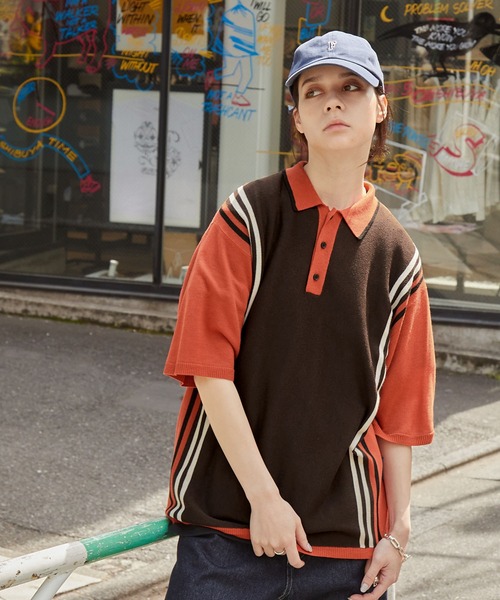 MONO-MART（モノマート）の「【CODDERR】ロゴ刺繍 ストライプ半袖ニットポロシャツ（ポロシャツ・メンズ・グリーン/オレンジ/ライトグレー/ブラック・L/M）」の16枚目の写真